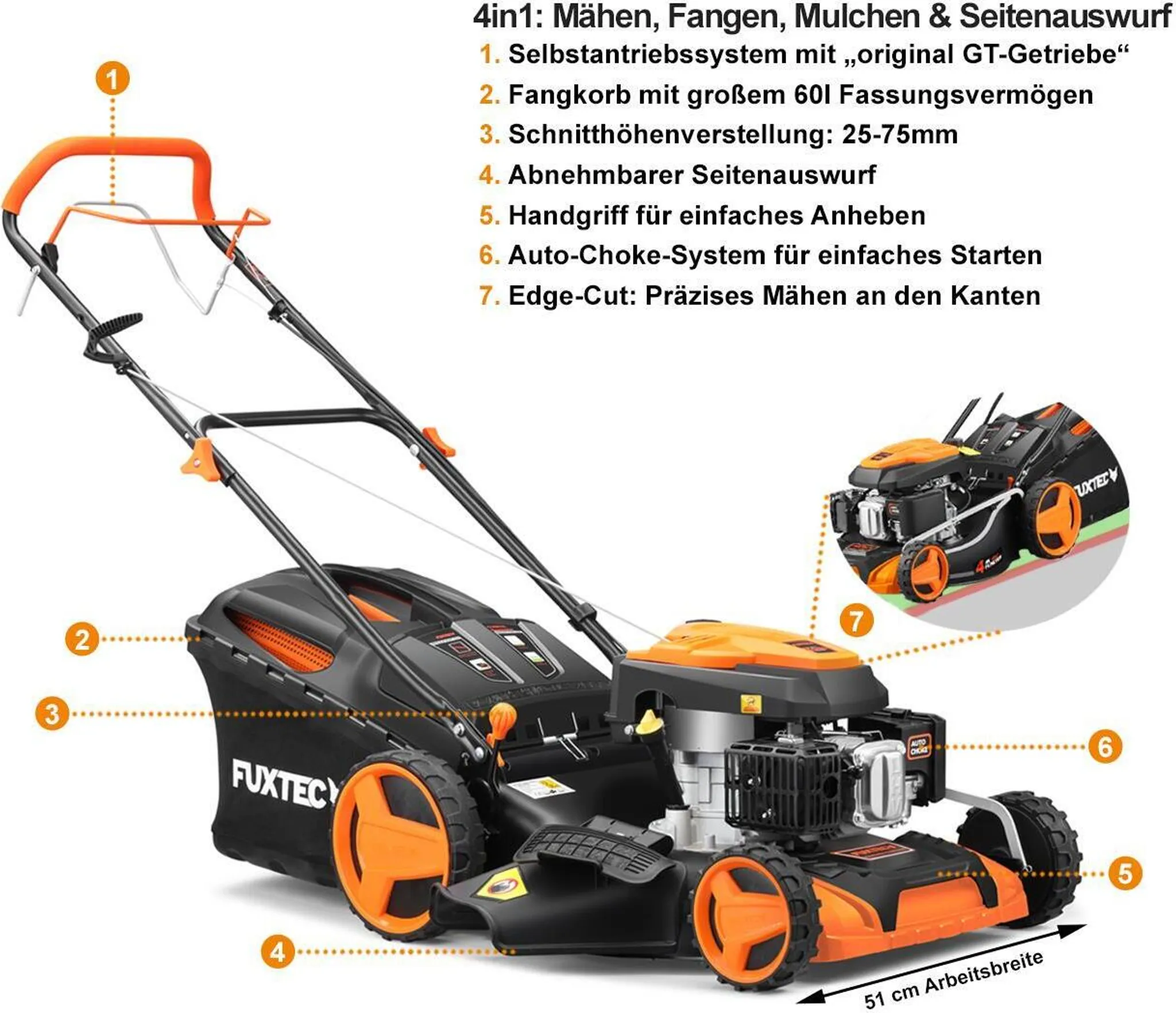 FUXTEC FX-RM5196 – 4in1 Benzin-Rasenmäher mit Antrieb, 196 ccm, 6 PS – Bild 7