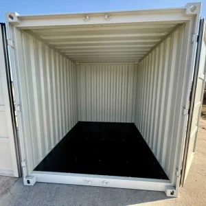 Minicontainer 8 Fuß, weiß lackiert, doppeltürig, mit Holzfußboden