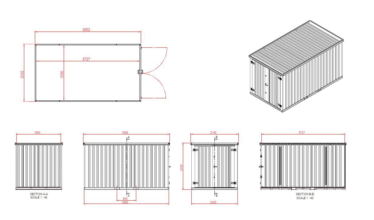 Materialcontainer MC4, lackiert RAL 7016 Anthrazitgrau, H 2090 x B 2142 x T 3882 mm, Tür stirnseitig zweiflügelig – Bild 9