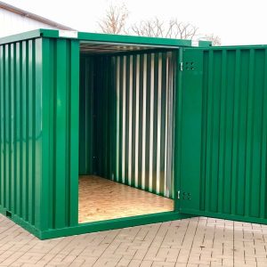 Container MC3, lackiert RAL 6005 Moosgrün, H 2090 x B 2142 x T 2950 mm, Tür stirnseitig einflügelig