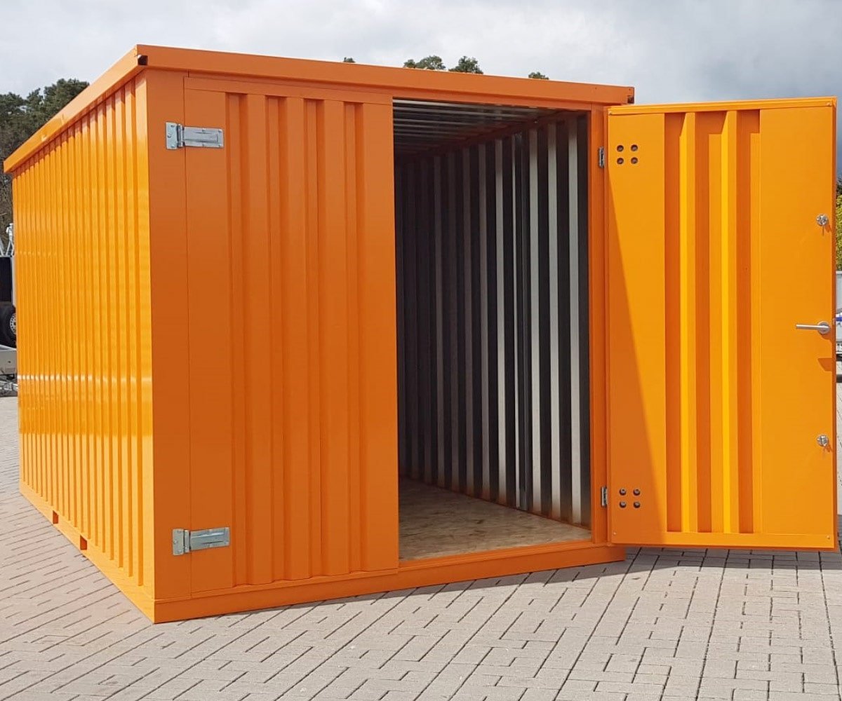 Materialcontainer MC4, lackiert RAL 2011 Tieforange, H 2090 x B 2142 x T 3882 mm, Tür stirnseitig zweiflügelig
