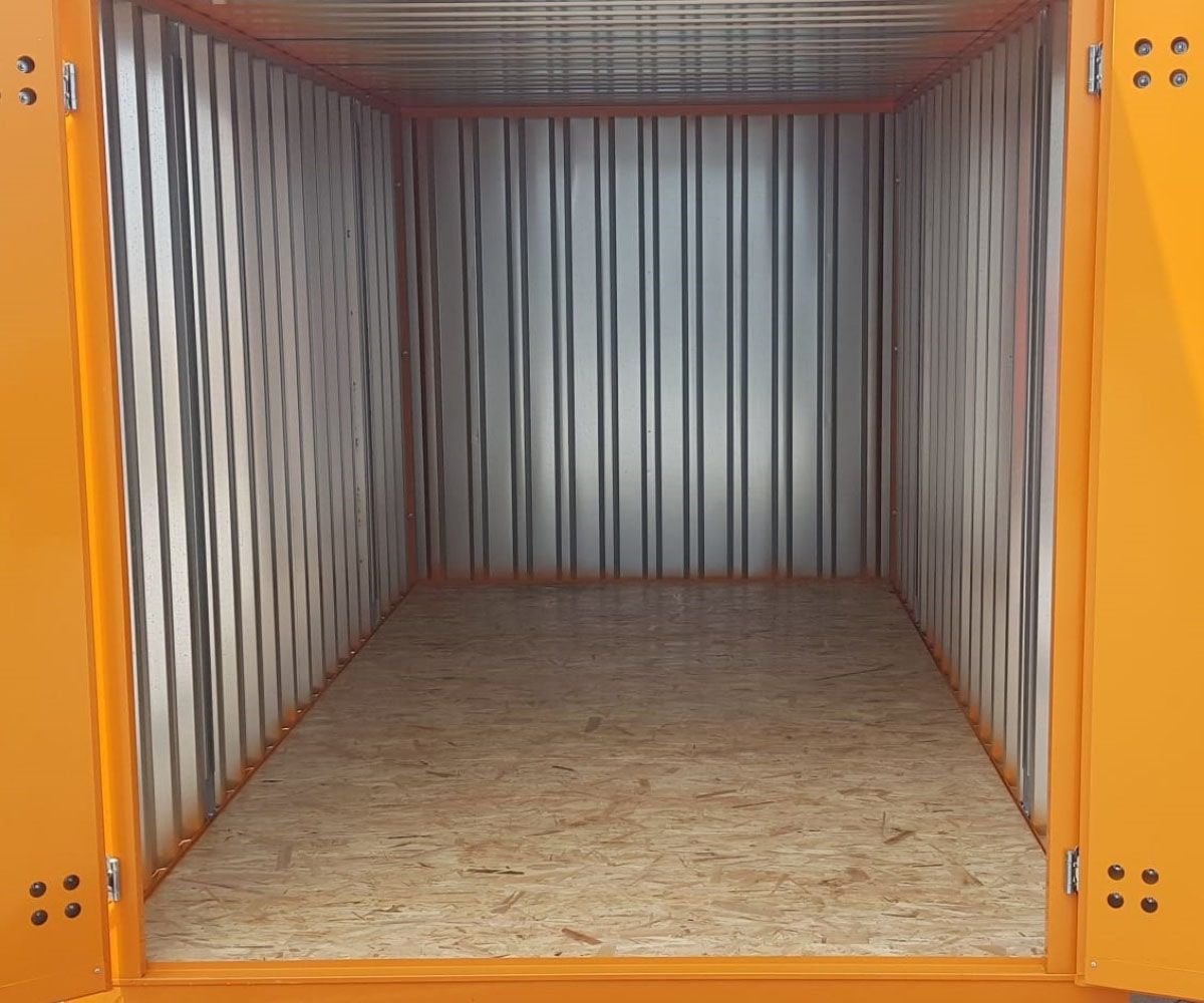 Materialcontainer MC4, lackiert RAL 2011 Tieforange, H 2090 x B 2142 x T 3882 mm, Tür stirnseitig zweiflügelig – Bild 3